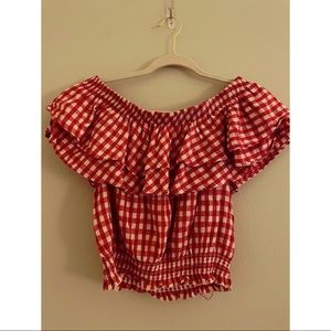 Sneak Peek Red Gingham Off the Shoulder Crop Top